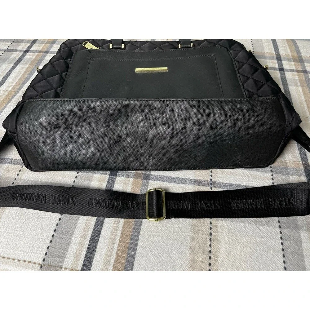 Steve Madden Laptop Book Bag Messenger Black Quilted Padded Logo Strap